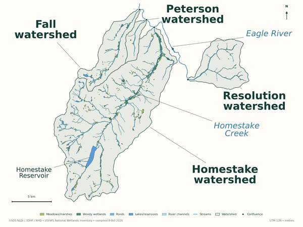 Mapped wetlands and waterways across the complete Homestake, Fall, Peterson and Resolution watersheds.