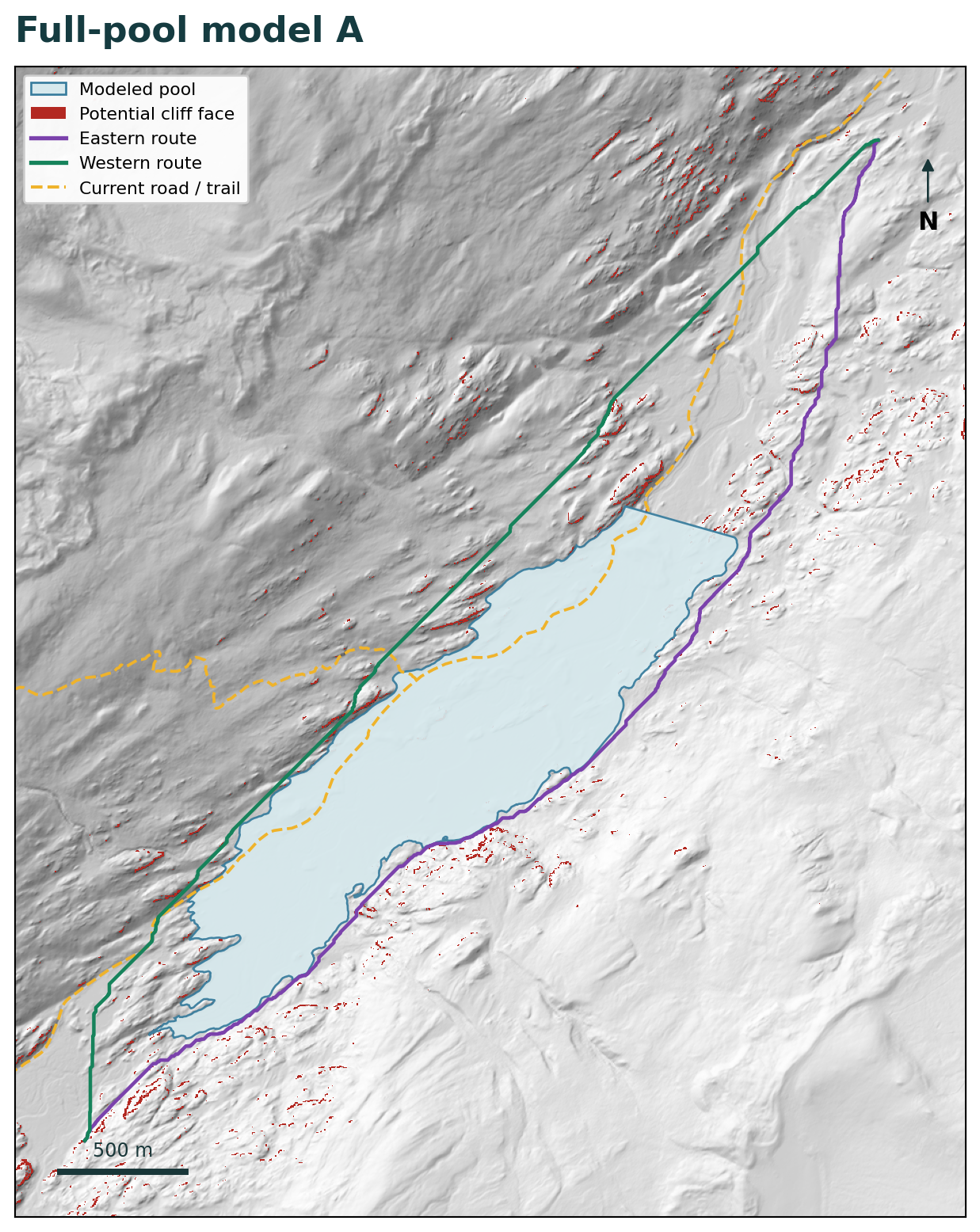 Modeled full-pool reservoir A with eastern and western least-cost routes
