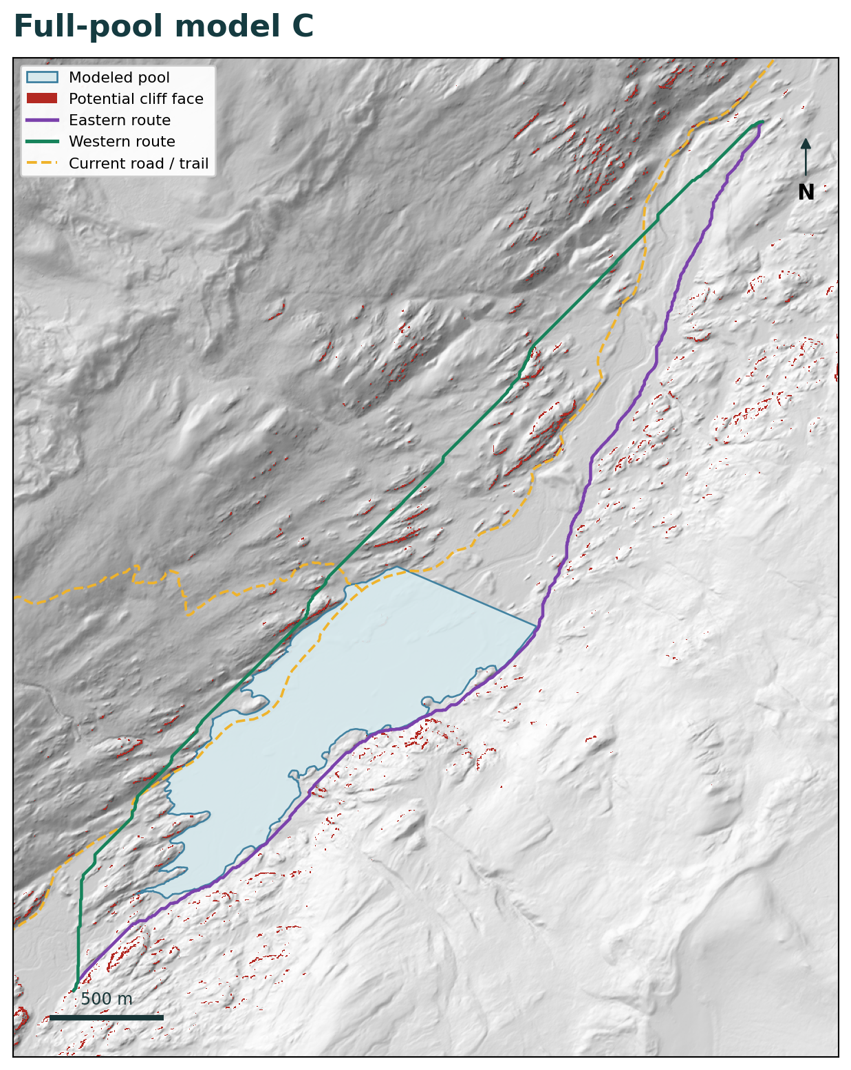 Modeled full-pool reservoir C with eastern and western least-cost routes