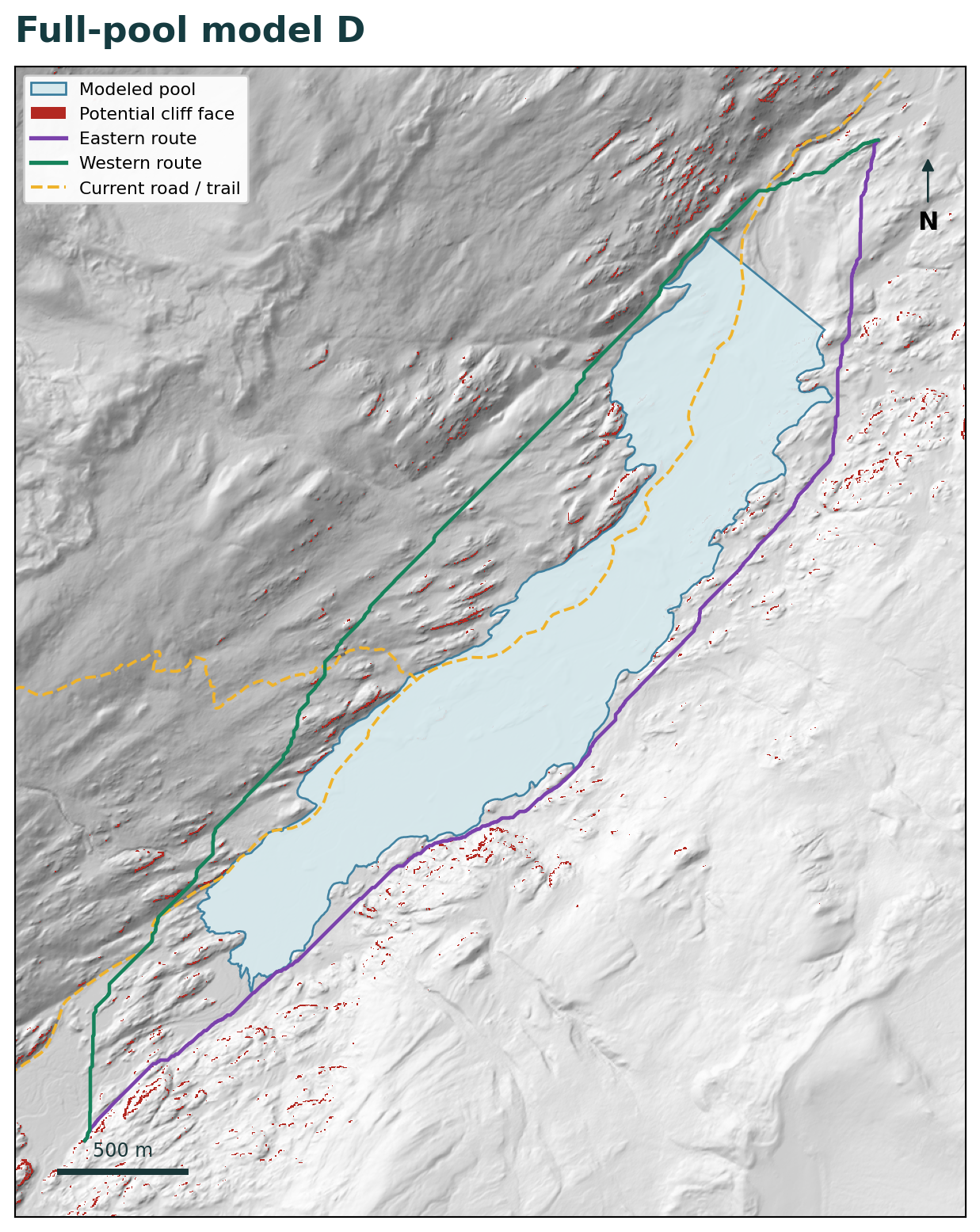 Whitney D model with routes displaced around the reservoir onto the hillsides