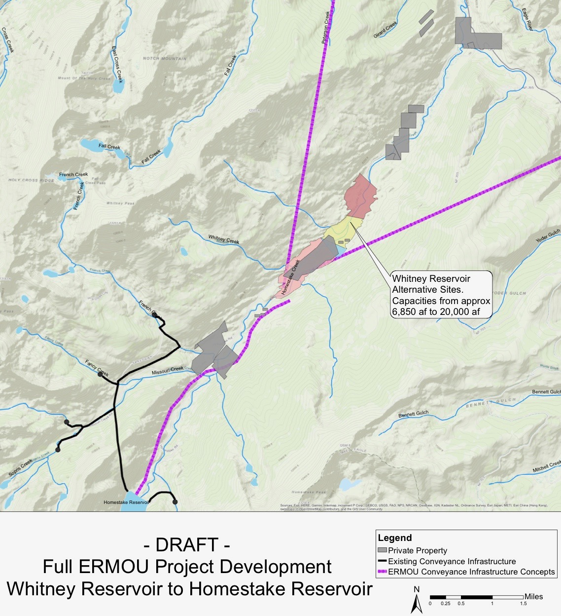 Colorado Springs Utilities’ 2019 draft map. Purple lines show ERMOU conveyance infrastructure concepts reaching Whitney and existing Homestake Reservoir; black lines identify existing conveyance.
